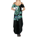 Whale and Dhari Torres Strait Islands Summer Maxi Dress Deep Green Oceanic Tribal Pattern Art