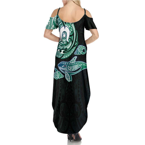 Whale and Dhari Torres Strait Islands Summer Maxi Dress Deep Green Oceanic Tribal Pattern Art
