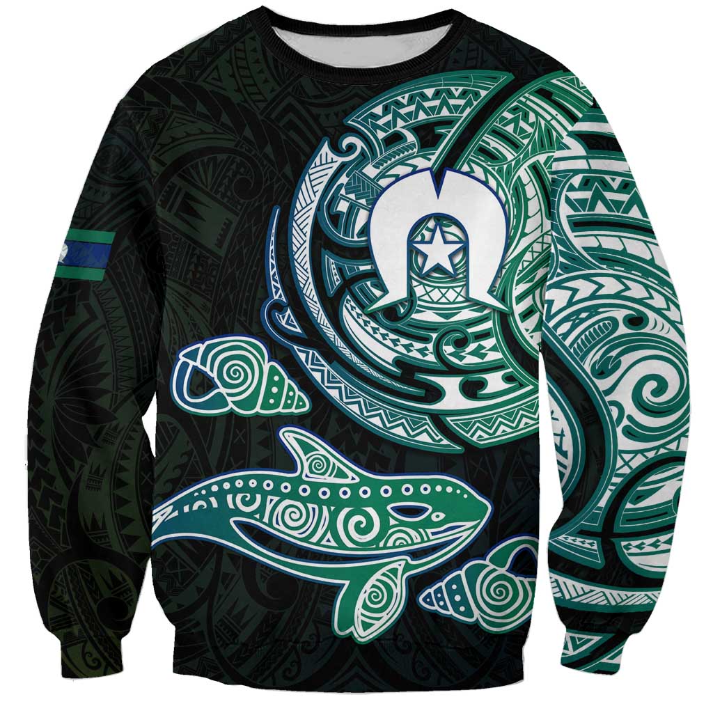 Whale and Dhari Torres Strait Islands Sweatshirt Deep Green Oceanic Tribal Pattern Art