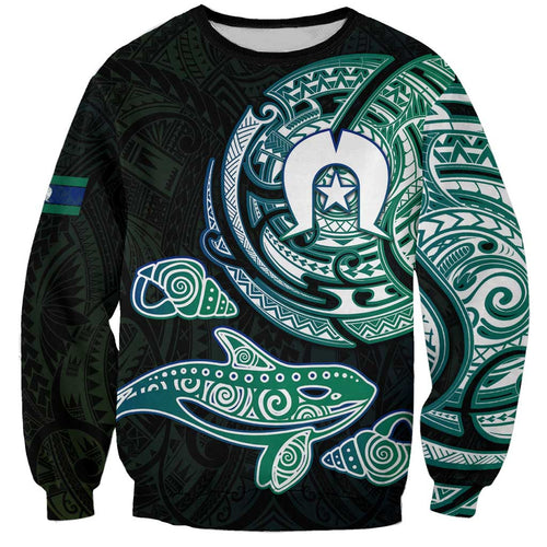 Whale and Dhari Torres Strait Islands Sweatshirt Deep Green Oceanic Tribal Pattern Art