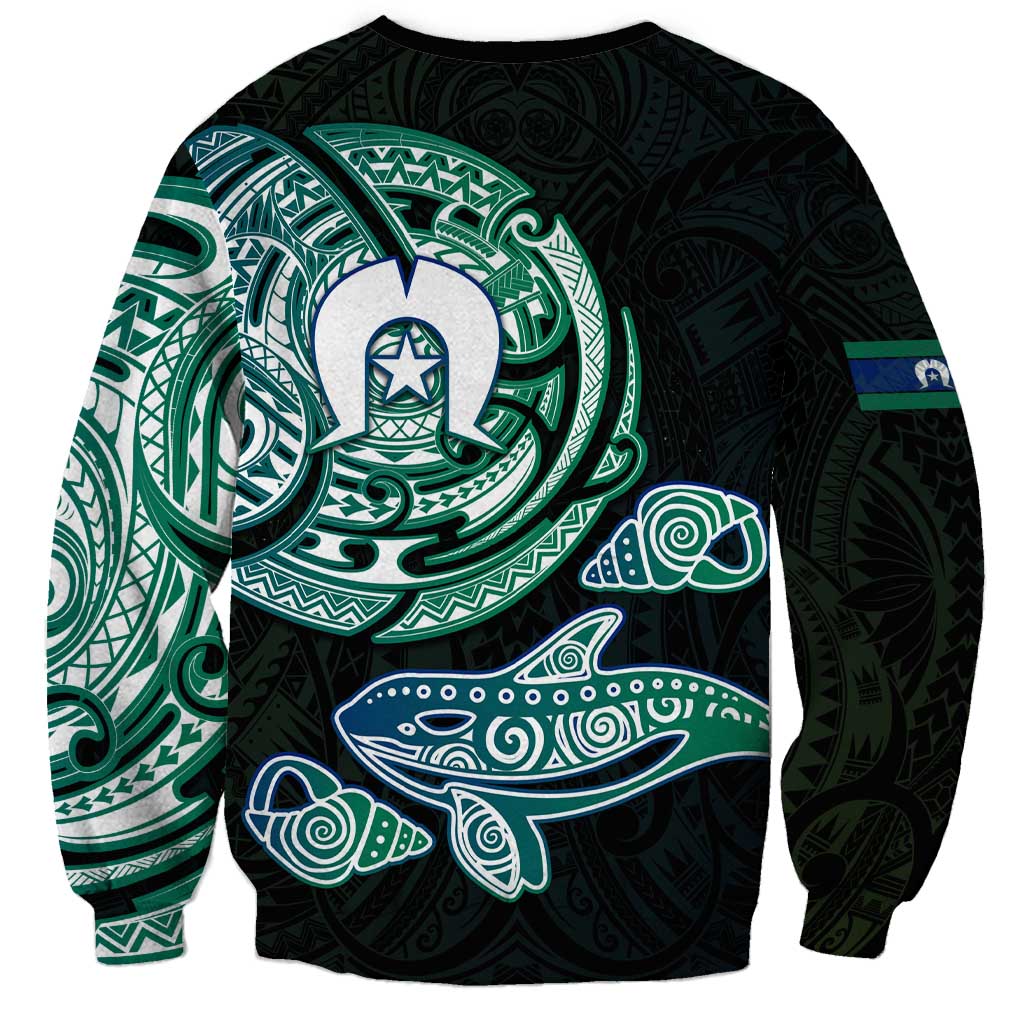 Whale and Dhari Torres Strait Islands Sweatshirt Deep Green Oceanic Tribal Pattern Art