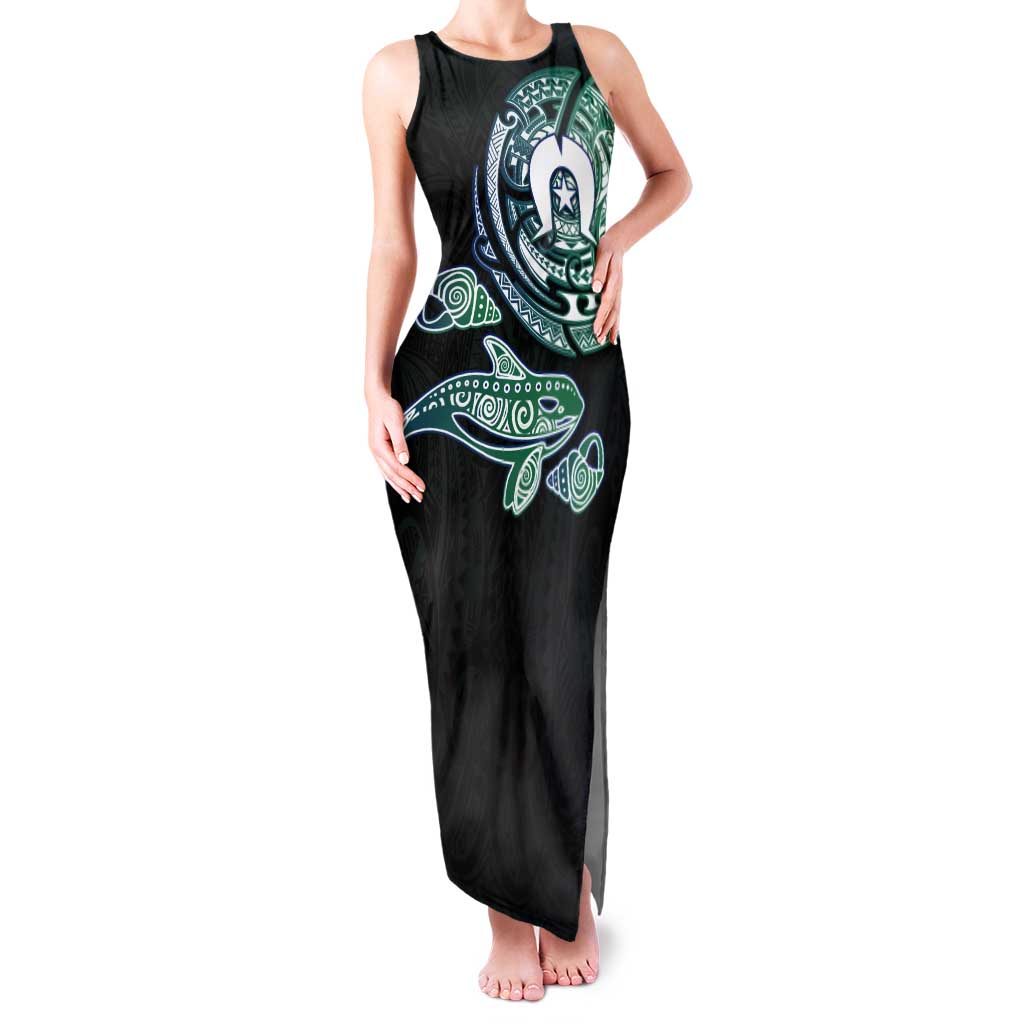 Whale and Dhari Torres Strait Islands Tank Maxi Dress Deep Green Oceanic Tribal Pattern Art