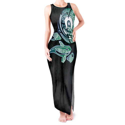 Whale and Dhari Torres Strait Islands Tank Maxi Dress Deep Green Oceanic Tribal Pattern Art
