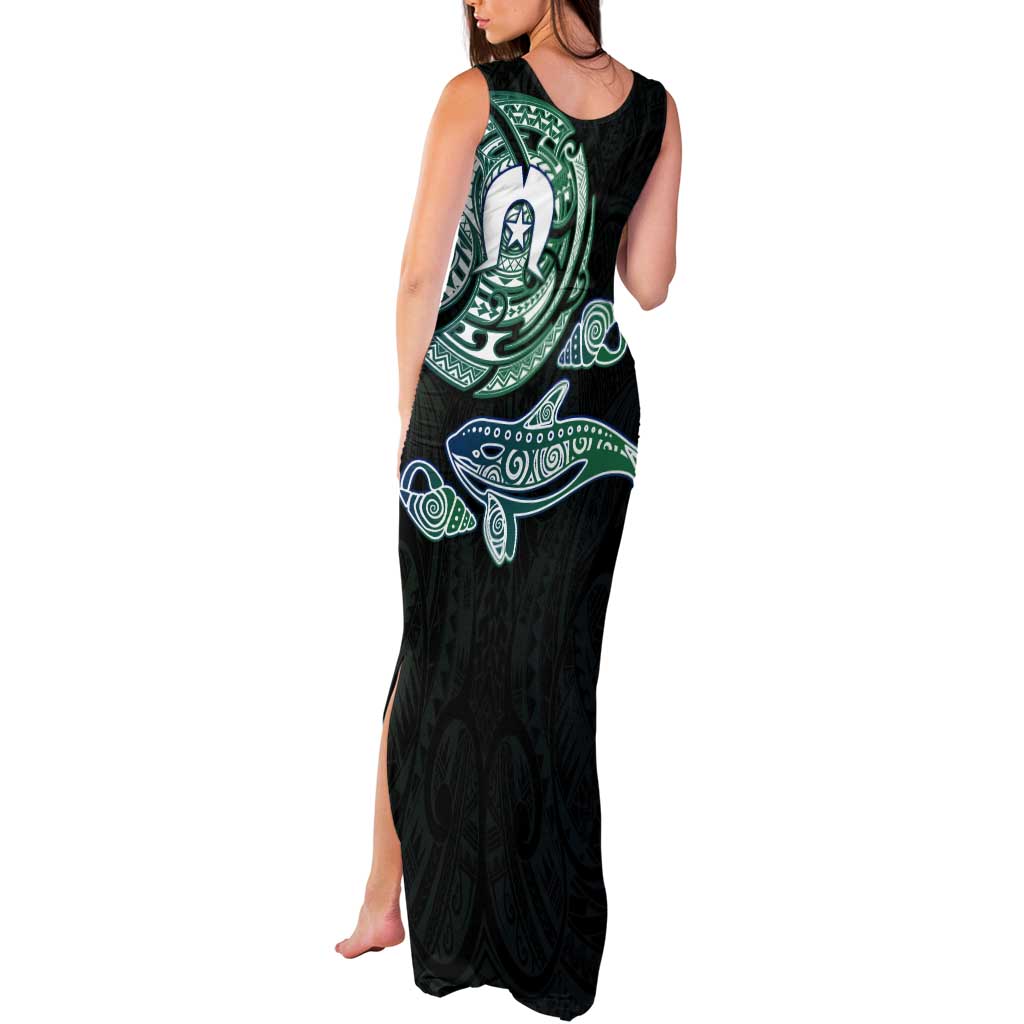 Whale and Dhari Torres Strait Islands Tank Maxi Dress Deep Green Oceanic Tribal Pattern Art