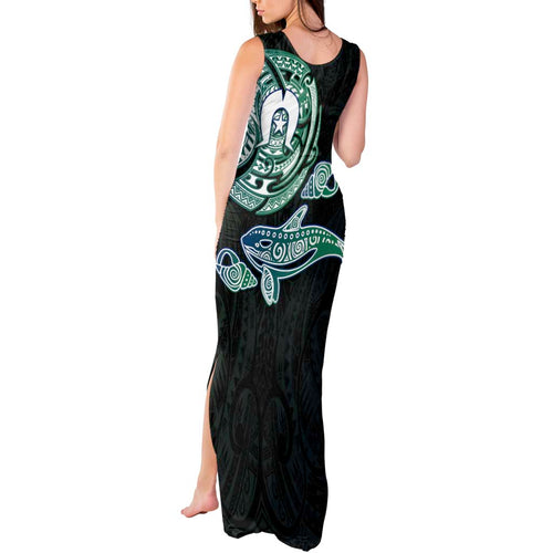 Whale and Dhari Torres Strait Islands Tank Maxi Dress Deep Green Oceanic Tribal Pattern Art
