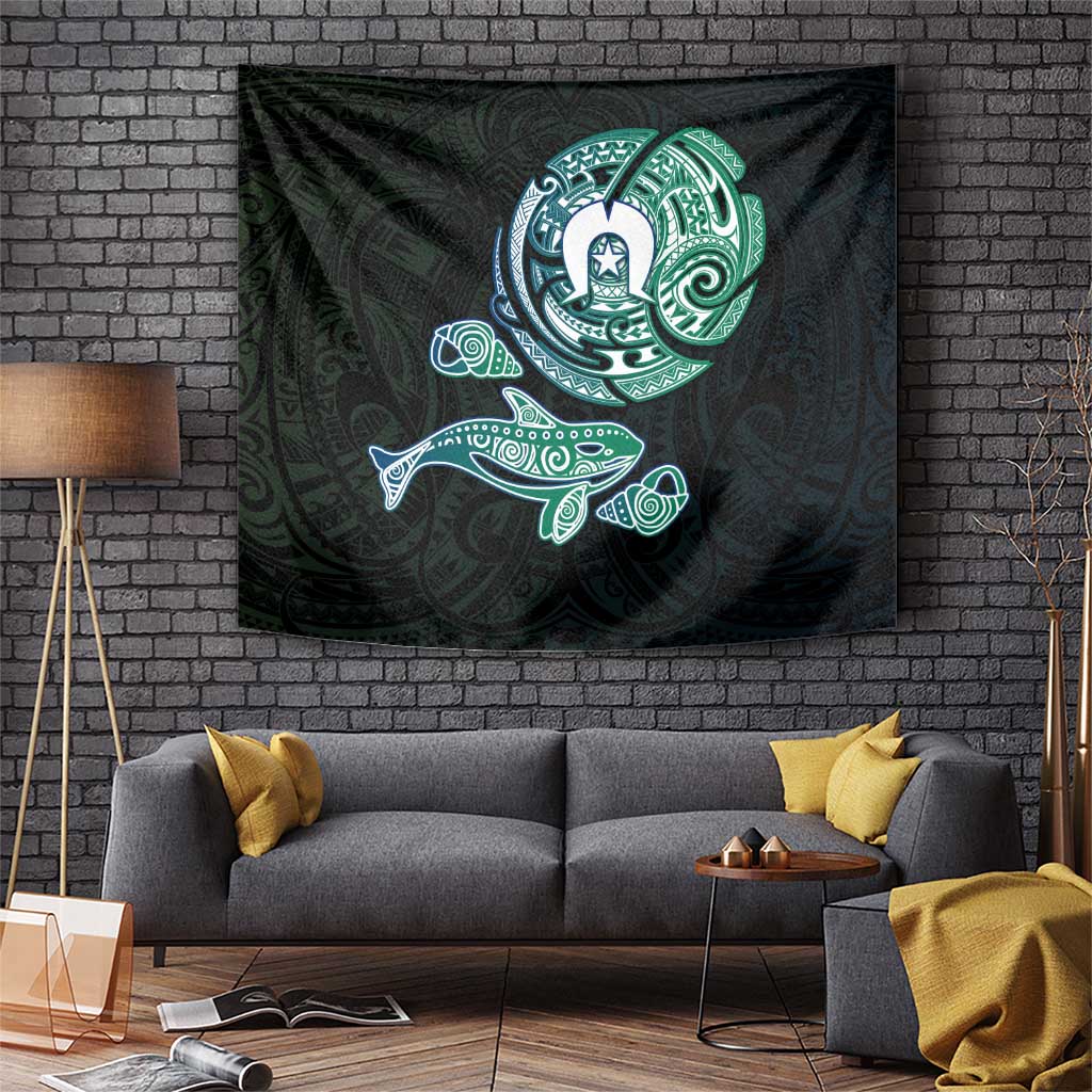 Whale and Dhari Torres Strait Islands Tapestry Deep Green Oceanic Tribal Pattern Art