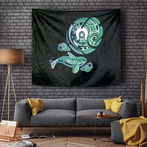 Whale and Dhari Torres Strait Islands Tapestry Deep Green Oceanic Tribal Pattern Art