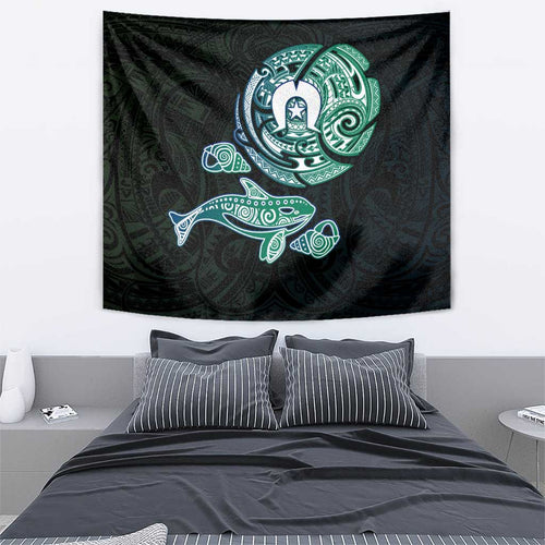 Whale and Dhari Torres Strait Islands Tapestry Deep Green Oceanic Tribal Pattern Art