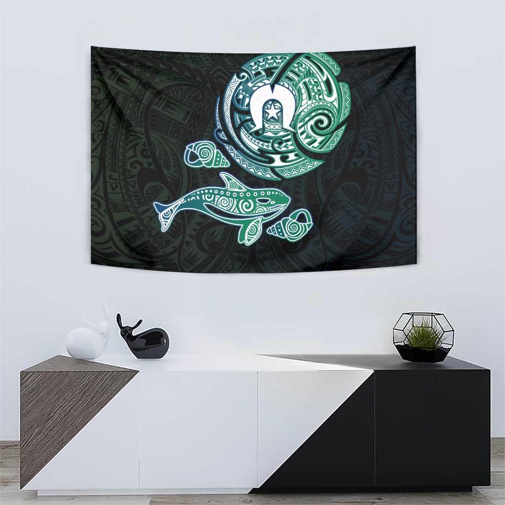 Whale and Dhari Torres Strait Islands Tapestry Deep Green Oceanic Tribal Pattern Art