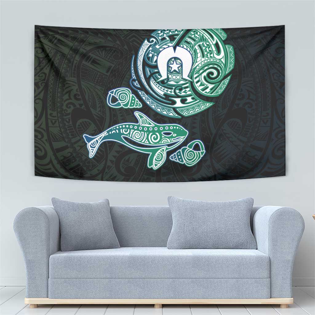 Whale and Dhari Torres Strait Islands Tapestry Deep Green Oceanic Tribal Pattern Art