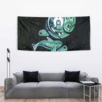 Whale and Dhari Torres Strait Islands Tapestry Deep Green Oceanic Tribal Pattern Art