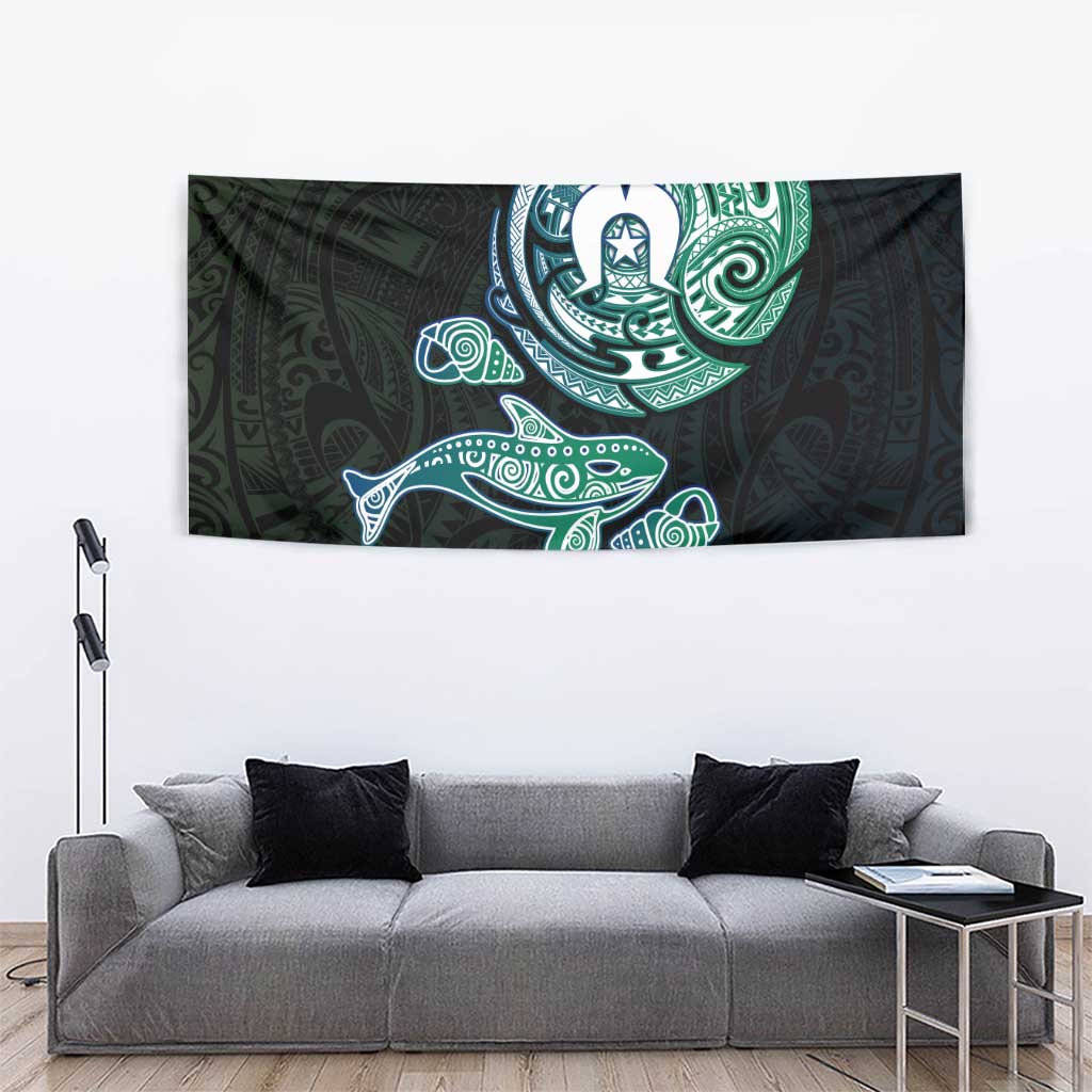 Whale and Dhari Torres Strait Islands Tapestry Deep Green Oceanic Tribal Pattern Art