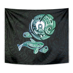 Whale and Dhari Torres Strait Islands Tapestry Deep Green Oceanic Tribal Pattern Art