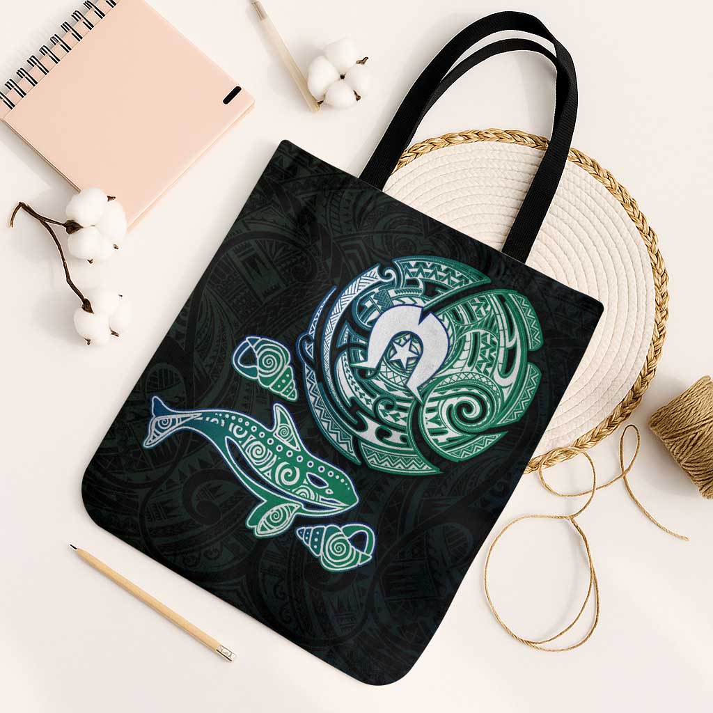 Whale and Dhari Torres Strait Islands Tote Bag Deep Green Oceanic Tribal Pattern Art