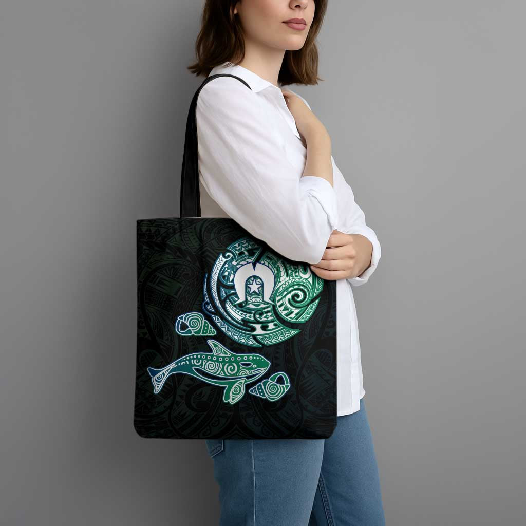 Whale and Dhari Torres Strait Islands Tote Bag Deep Green Oceanic Tribal Pattern Art