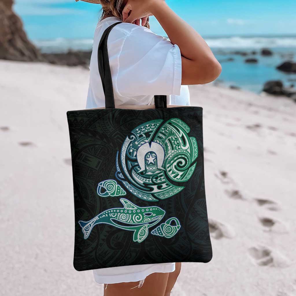 Whale and Dhari Torres Strait Islands Tote Bag Deep Green Oceanic Tribal Pattern Art