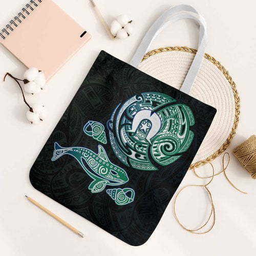 Whale and Dhari Torres Strait Islands Tote Bag Deep Green Oceanic Tribal Pattern Art