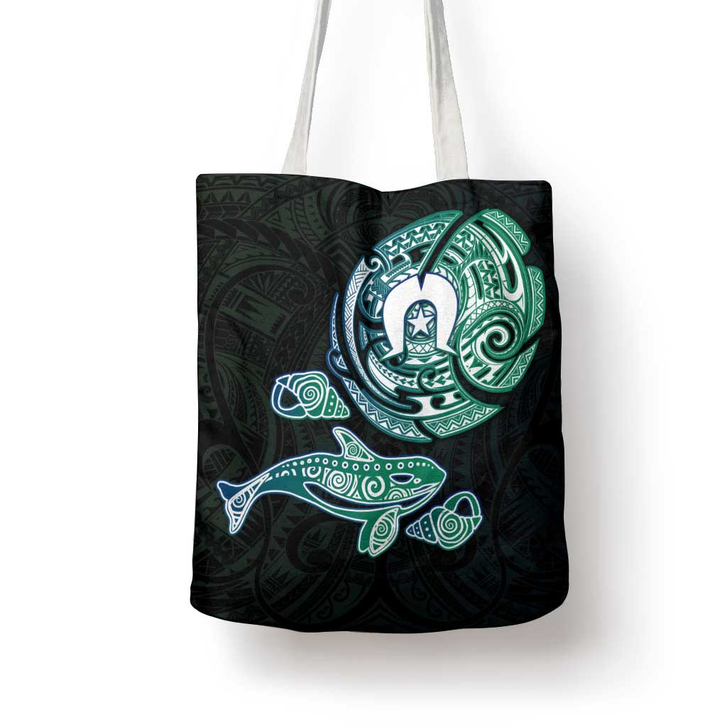 Whale and Dhari Torres Strait Islands Tote Bag Deep Green Oceanic Tribal Pattern Art