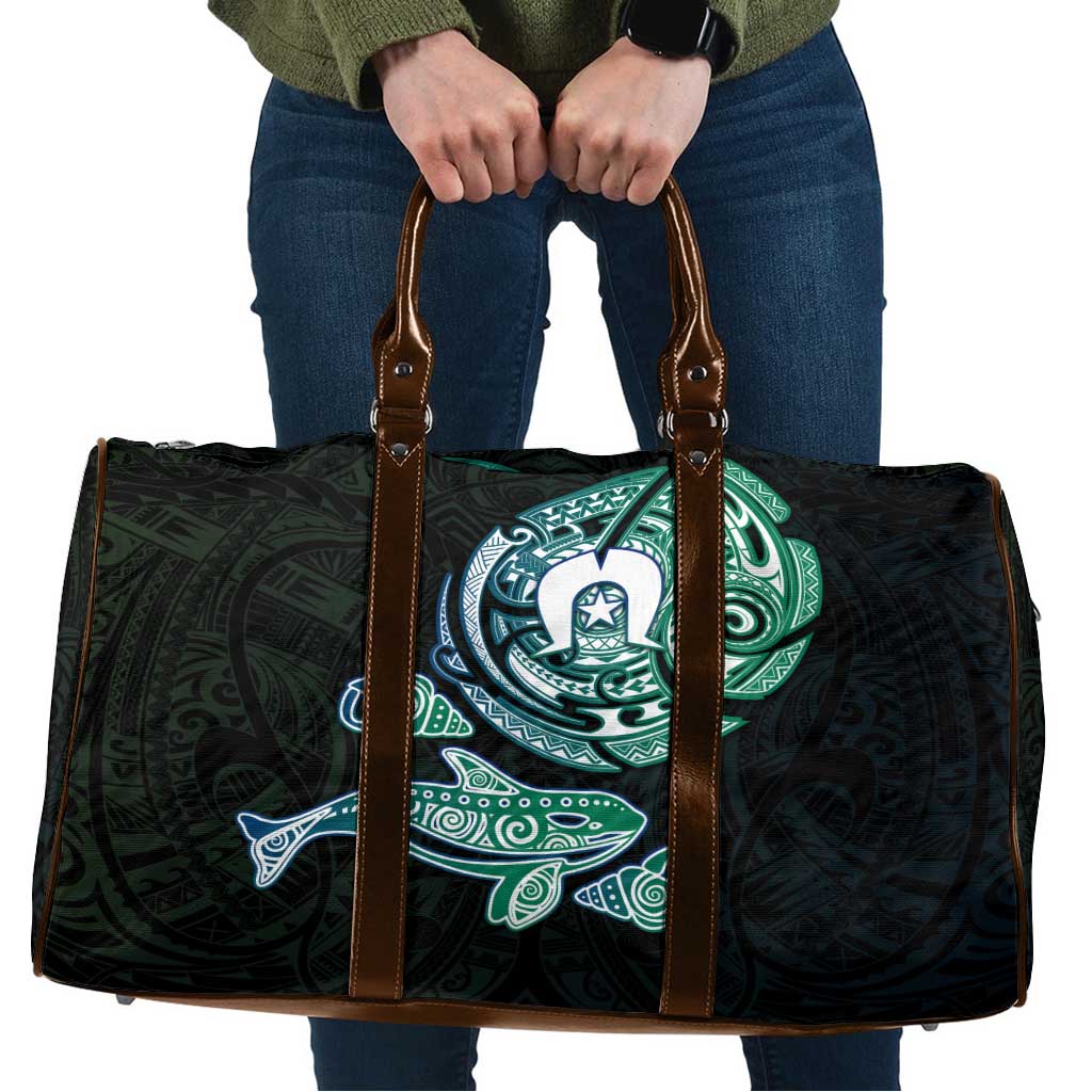 Whale and Dhari Torres Strait Islands Travel Bag Deep Green Oceanic Tribal Pattern Art