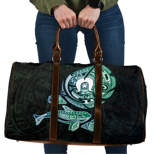 Whale and Dhari Torres Strait Islands Travel Bag Deep Green Oceanic Tribal Pattern Art