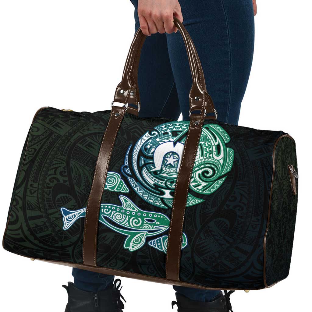 Whale and Dhari Torres Strait Islands Travel Bag Deep Green Oceanic Tribal Pattern Art