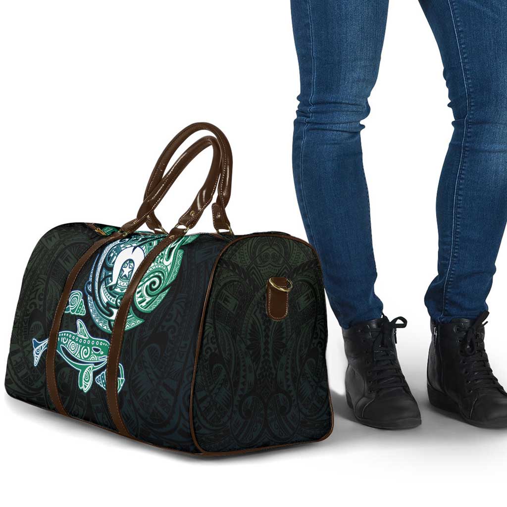 Whale and Dhari Torres Strait Islands Travel Bag Deep Green Oceanic Tribal Pattern Art