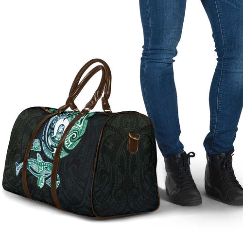 Whale and Dhari Torres Strait Islands Travel Bag Deep Green Oceanic Tribal Pattern Art