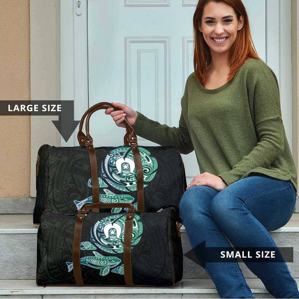 Whale and Dhari Torres Strait Islands Travel Bag Deep Green Oceanic Tribal Pattern Art