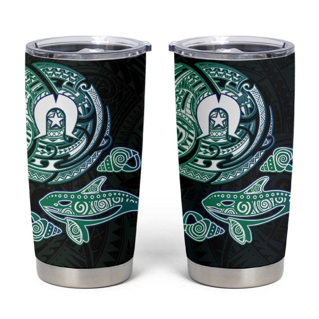 Whale and Dhari Torres Strait Islands Tumbler Cup Deep Green Oceanic Tribal Pattern Art