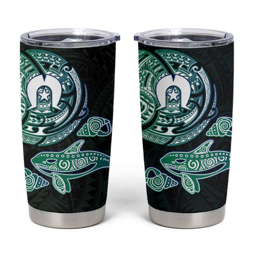 Whale and Dhari Torres Strait Islands Tumbler Cup Deep Green Oceanic Tribal Pattern Art
