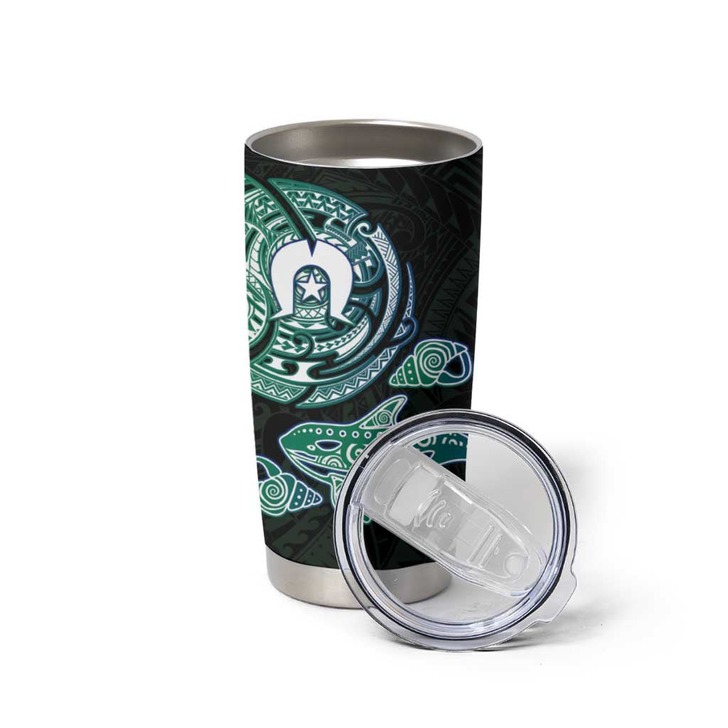 Whale and Dhari Torres Strait Islands Tumbler Cup Deep Green Oceanic Tribal Pattern Art