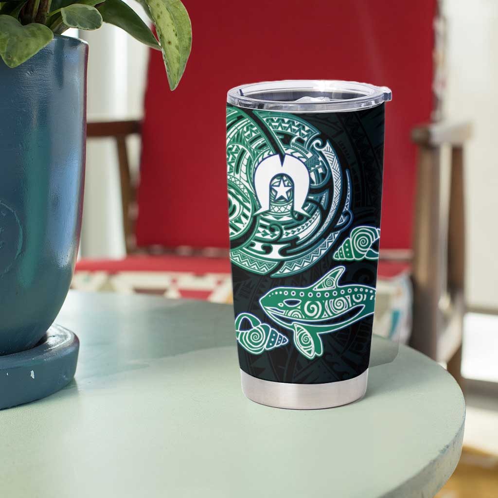 Whale and Dhari Torres Strait Islands Tumbler Cup Deep Green Oceanic Tribal Pattern Art