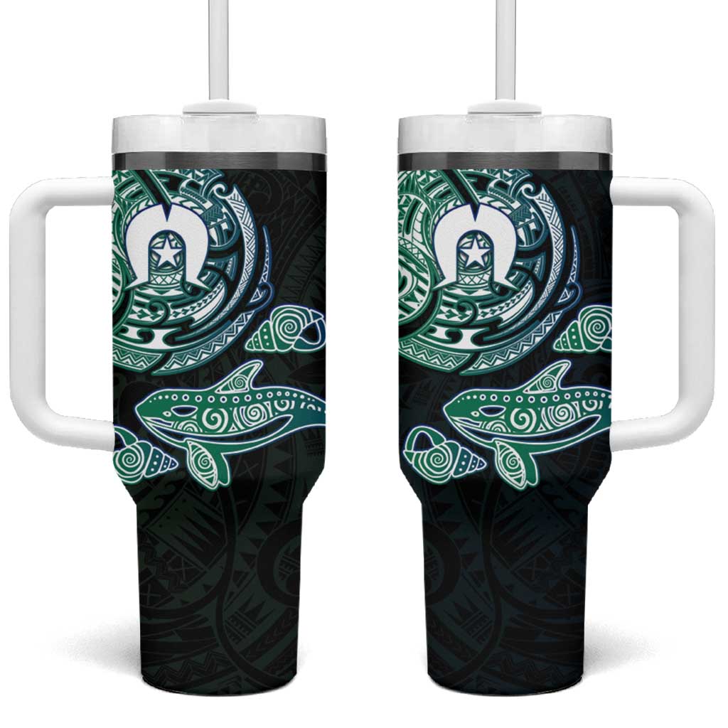 Whale and Dhari Torres Strait Islands Tumbler With Handle Deep Green Oceanic Tribal Pattern Art