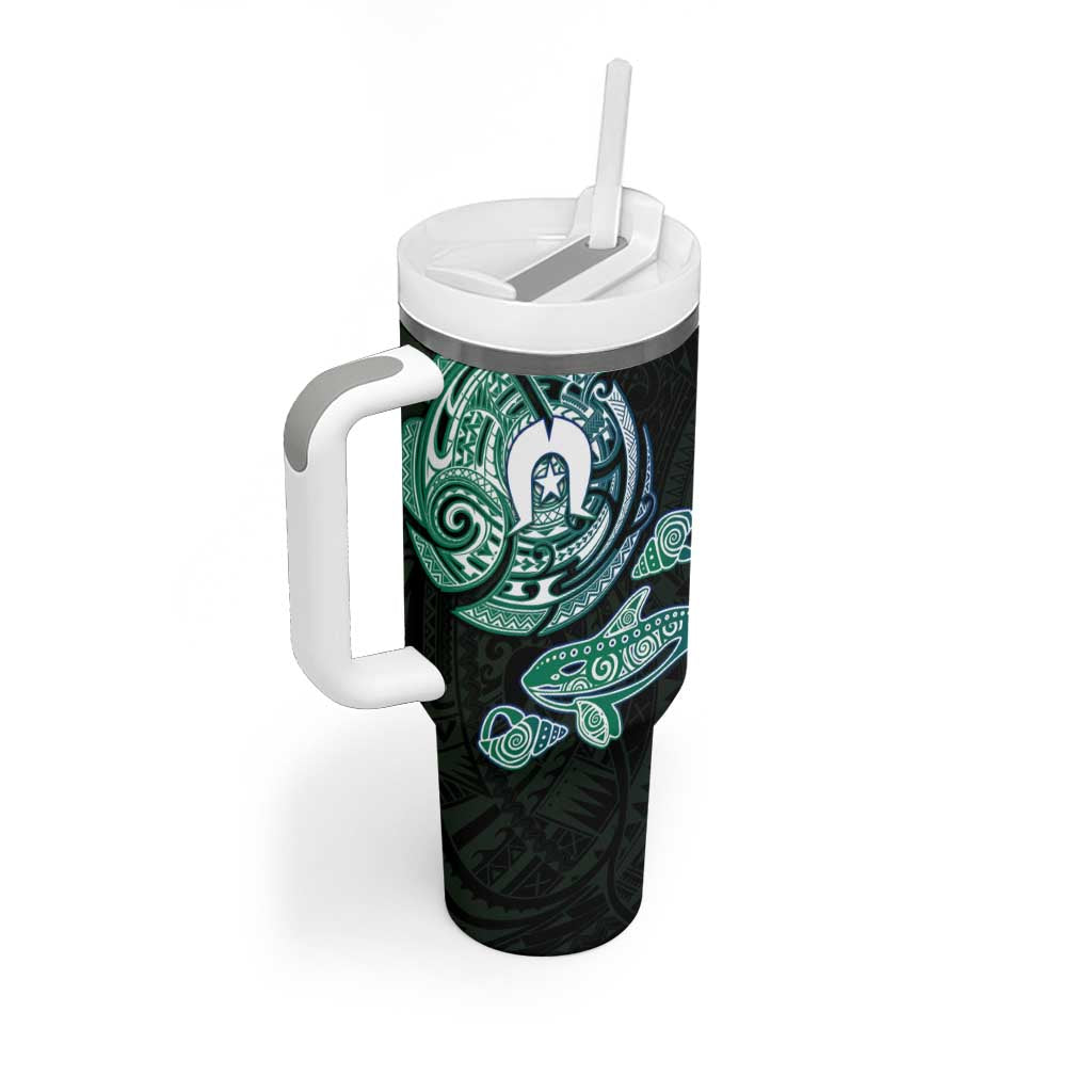 Whale and Dhari Torres Strait Islands Tumbler With Handle Deep Green Oceanic Tribal Pattern Art