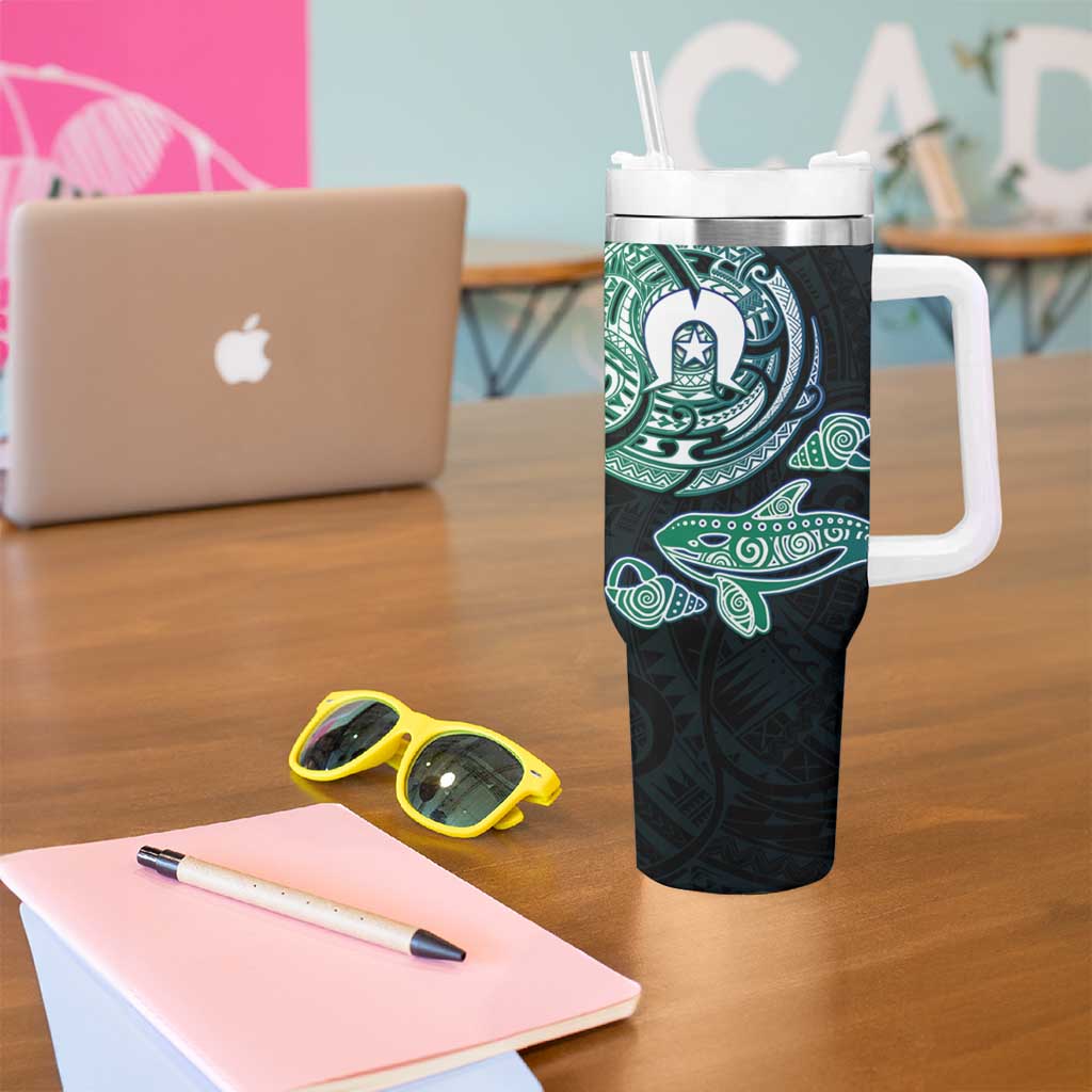 Whale and Dhari Torres Strait Islands Tumbler With Handle Deep Green Oceanic Tribal Pattern Art