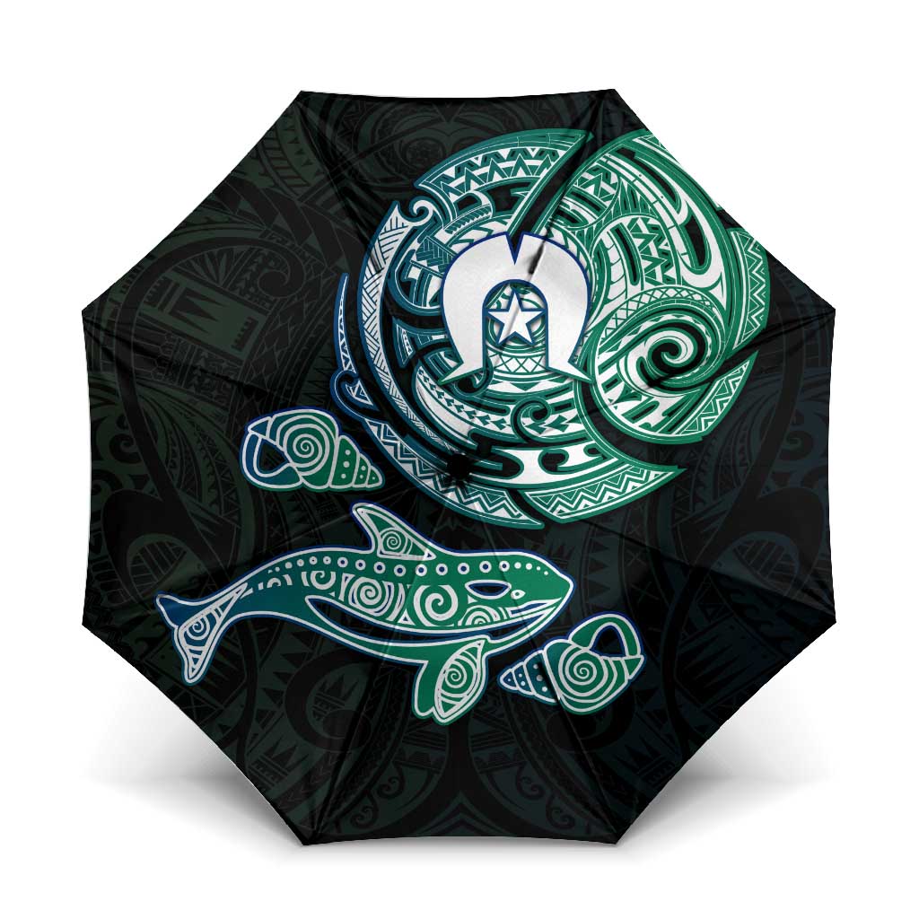 Whale and Dhari Torres Strait Islands Umbrella Deep Green Oceanic Tribal Pattern Art