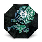 Whale and Dhari Torres Strait Islands Umbrella Deep Green Oceanic Tribal Pattern Art