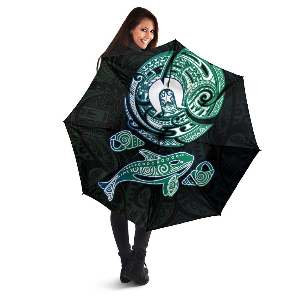 Whale and Dhari Torres Strait Islands Umbrella Deep Green Oceanic Tribal Pattern Art