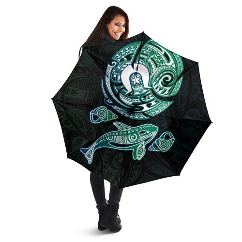 Whale and Dhari Torres Strait Islands Umbrella Deep Green Oceanic Tribal Pattern Art