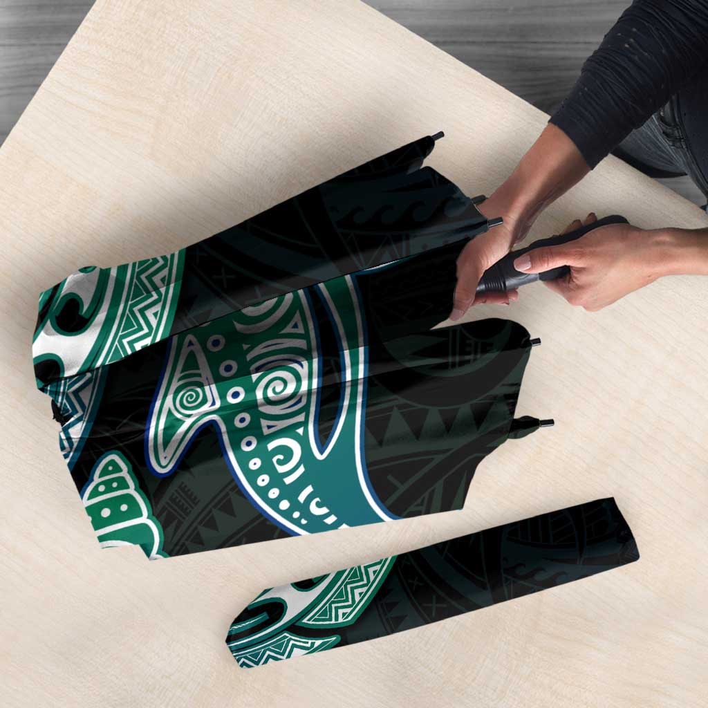 Whale and Dhari Torres Strait Islands Umbrella Deep Green Oceanic Tribal Pattern Art