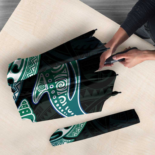 Whale and Dhari Torres Strait Islands Umbrella Deep Green Oceanic Tribal Pattern Art