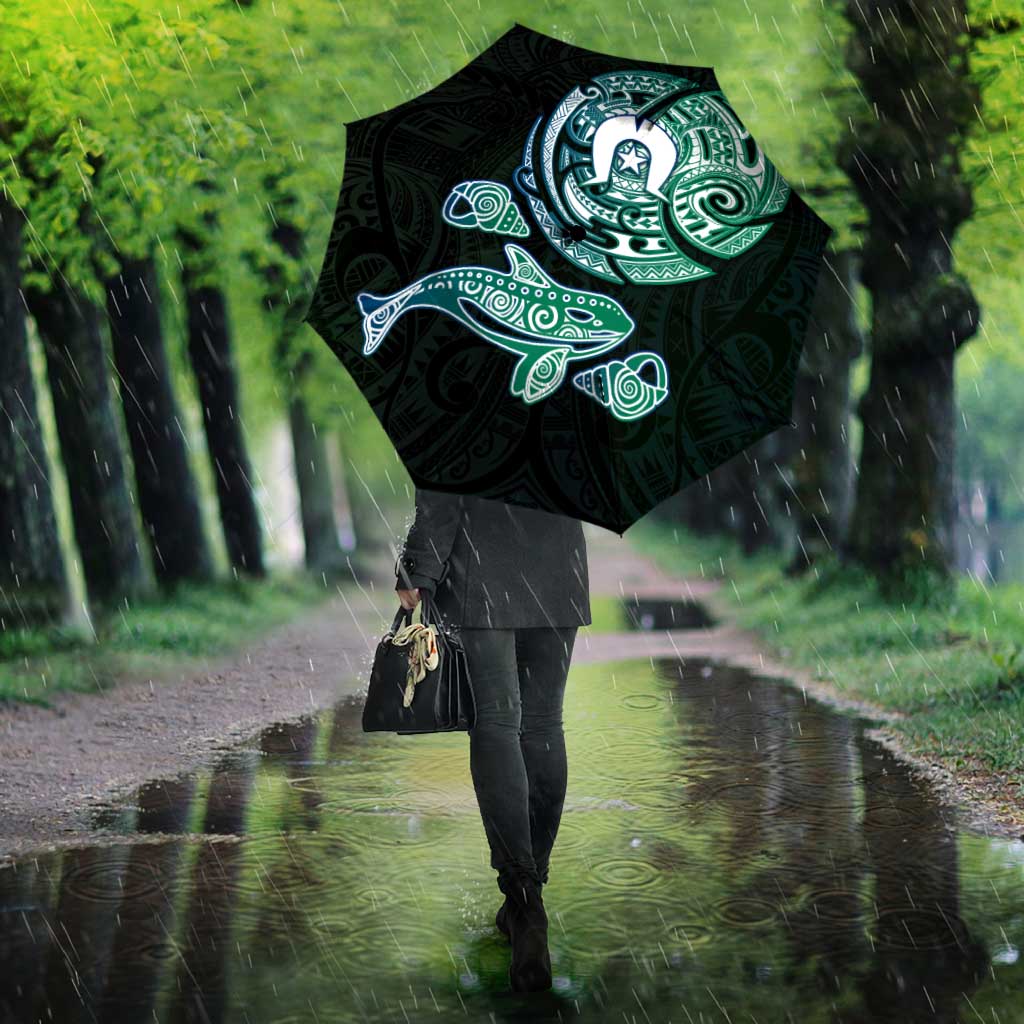 Whale and Dhari Torres Strait Islands Umbrella Deep Green Oceanic Tribal Pattern Art