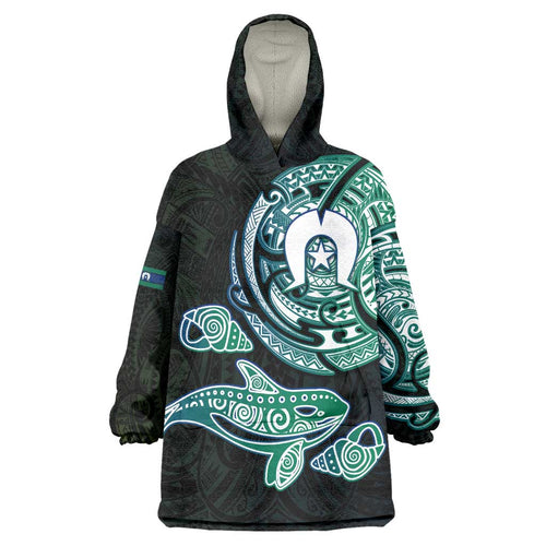 Whale and Dhari Torres Strait Islands Wearable Blanket Hoodie Deep Green Oceanic Tribal Pattern Art
