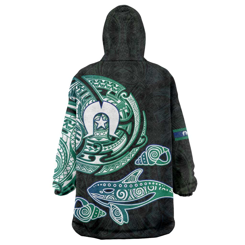 Whale and Dhari Torres Strait Islands Wearable Blanket Hoodie Deep Green Oceanic Tribal Pattern Art