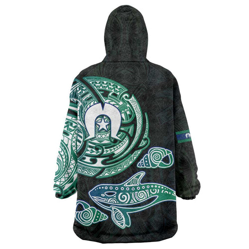 Whale and Dhari Torres Strait Islands Wearable Blanket Hoodie Deep Green Oceanic Tribal Pattern Art
