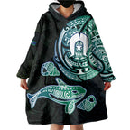 Whale and Dhari Torres Strait Islands Wearable Blanket Hoodie Deep Green Oceanic Tribal Pattern Art