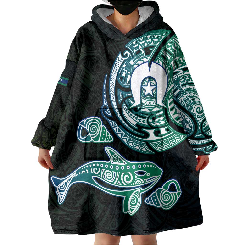 Whale and Dhari Torres Strait Islands Wearable Blanket Hoodie Deep Green Oceanic Tribal Pattern Art