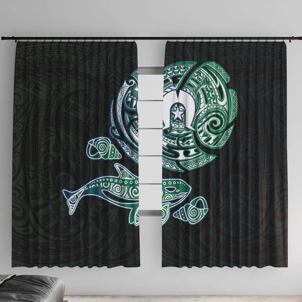 Whale and Dhari Torres Strait Islands Window Curtain Deep Green Oceanic Tribal Pattern Art