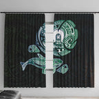 Whale and Dhari Torres Strait Islands Window Curtain Deep Green Oceanic Tribal Pattern Art
