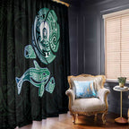 Whale and Dhari Torres Strait Islands Window Curtain Deep Green Oceanic Tribal Pattern Art